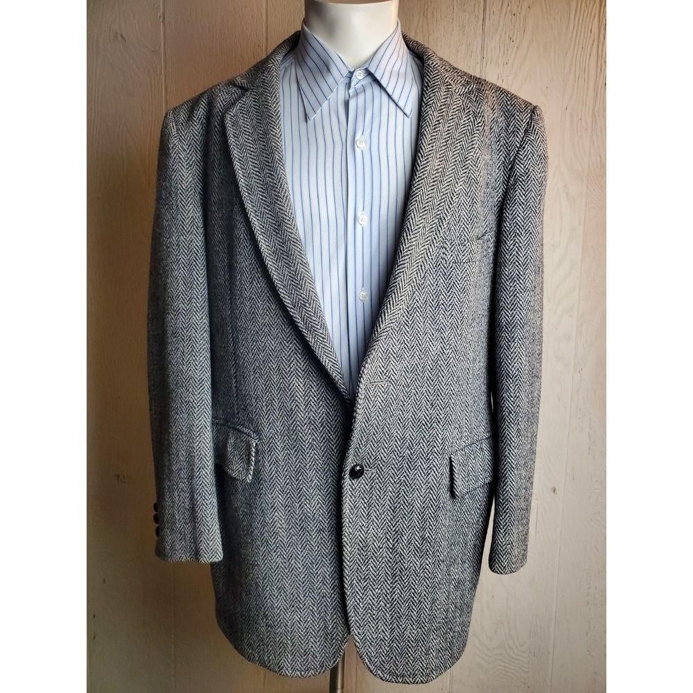 Harris Tweed Blazer Mens 44 L Gray Herringbone Scottish Wool Handwoven